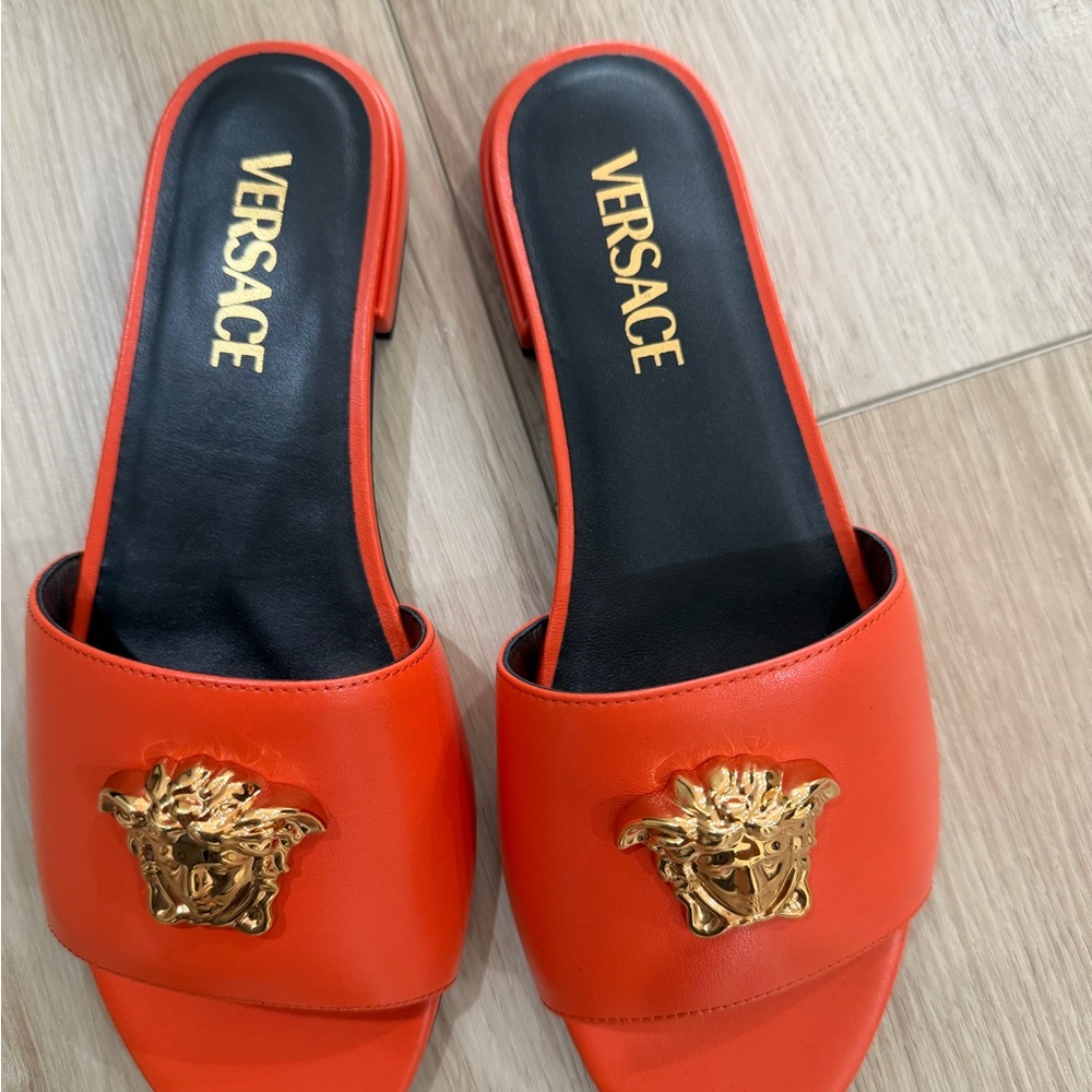 Versace Orange Sandals with Gold Medusa Emblem